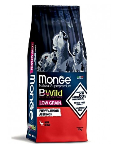 monge dog 12kg puppy & junior bwild low grain all breeds cervo