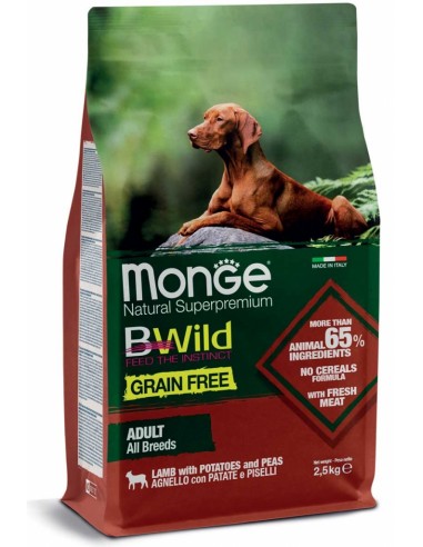 monge dog 2,5kg bwild grain free adult all breeds agnello patate piselli