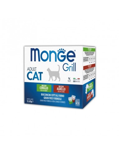 monge cat grill multipack 12 buste per 85gr bocconcini al forno coniglio e agnello