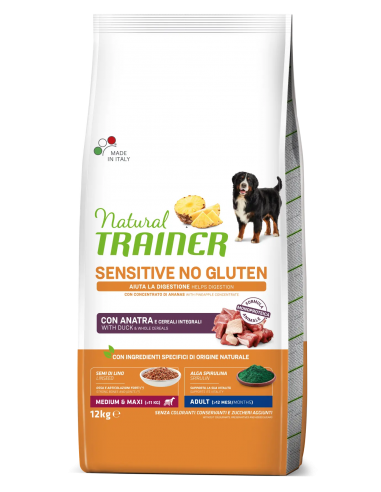 trainer natural sensitive dog 12kg adult med/maxi anatra e cereali