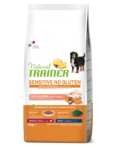 trainer natural sensitive dog 12kg adult med/maxi salmone e cereali