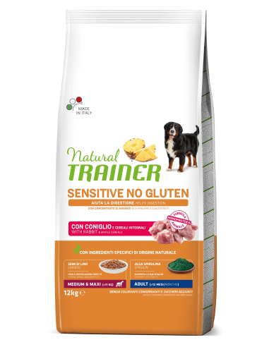 trainer natural sensitive plus dog 12kg adult med/maxi coniglio