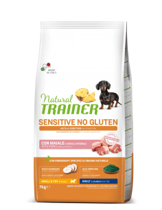 trainer natural sensitive dog 7kg adult mini maiale e cereali integrali