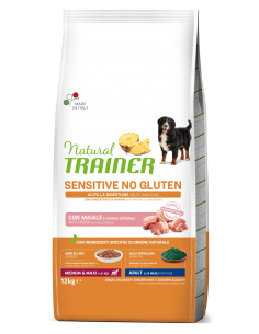 trainer natural sensitive dog 12kg adult med/maxi maiale e cereali
