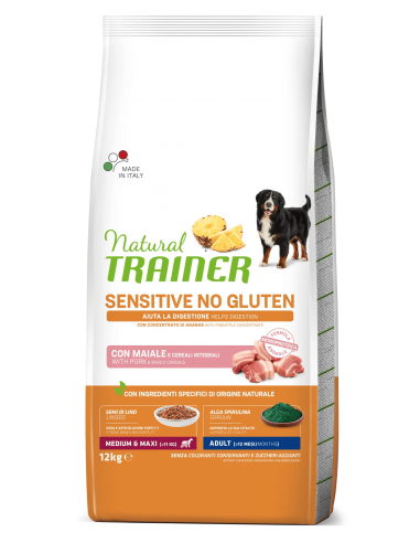 trainer natural sensitive dog 12kg adult med/maxi maiale e cereali