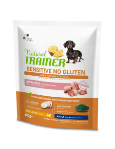 trainer natural sensitive no gluten dog 800gr small&toy ad con maiale e cereali integrali