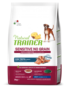 trainer natural sensitive no grain dog 3kg ad med/maxi con trota e patate