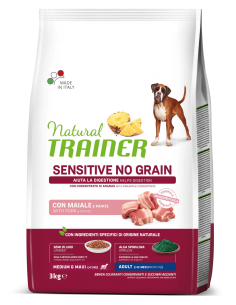 trainer natural sensitive no grain dog 3kg ad med/maxi con maiale e patate
