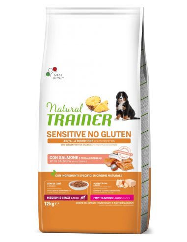 trainer natural sensitive dog puppy&junior 12kg med/maxi salmone e cereali