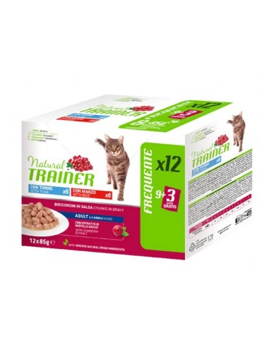 trainer natural cat adult multipack 9+3 gratis 12x85gr tonno e manzo