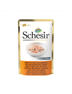 schesir cat 85gr busta double taste tonnetto e pollo con gamberetti in jelly