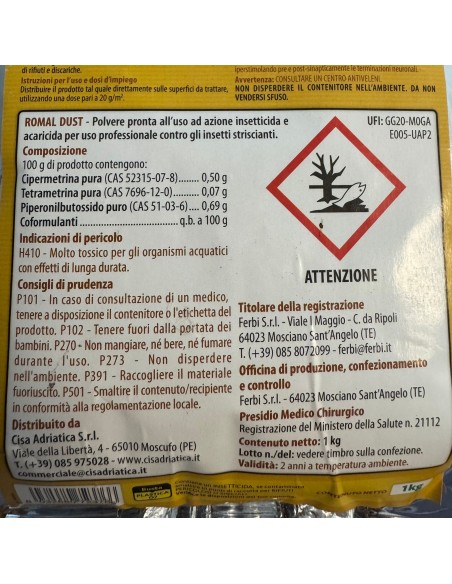 ROMAL DUST 1KG INSETTICIDA IN POLVERE SECCA PER USO DOMESTICO E CIVILE CONTRO INSETTI STRISCIANTI (PIDOTOX PLUS) INS3076