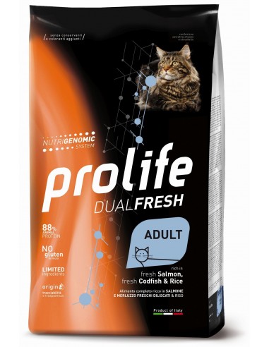 prolife cat dualfresh adult salmone, merluzzo diliscato e riso 400gr zpd.36130 flash 3,90